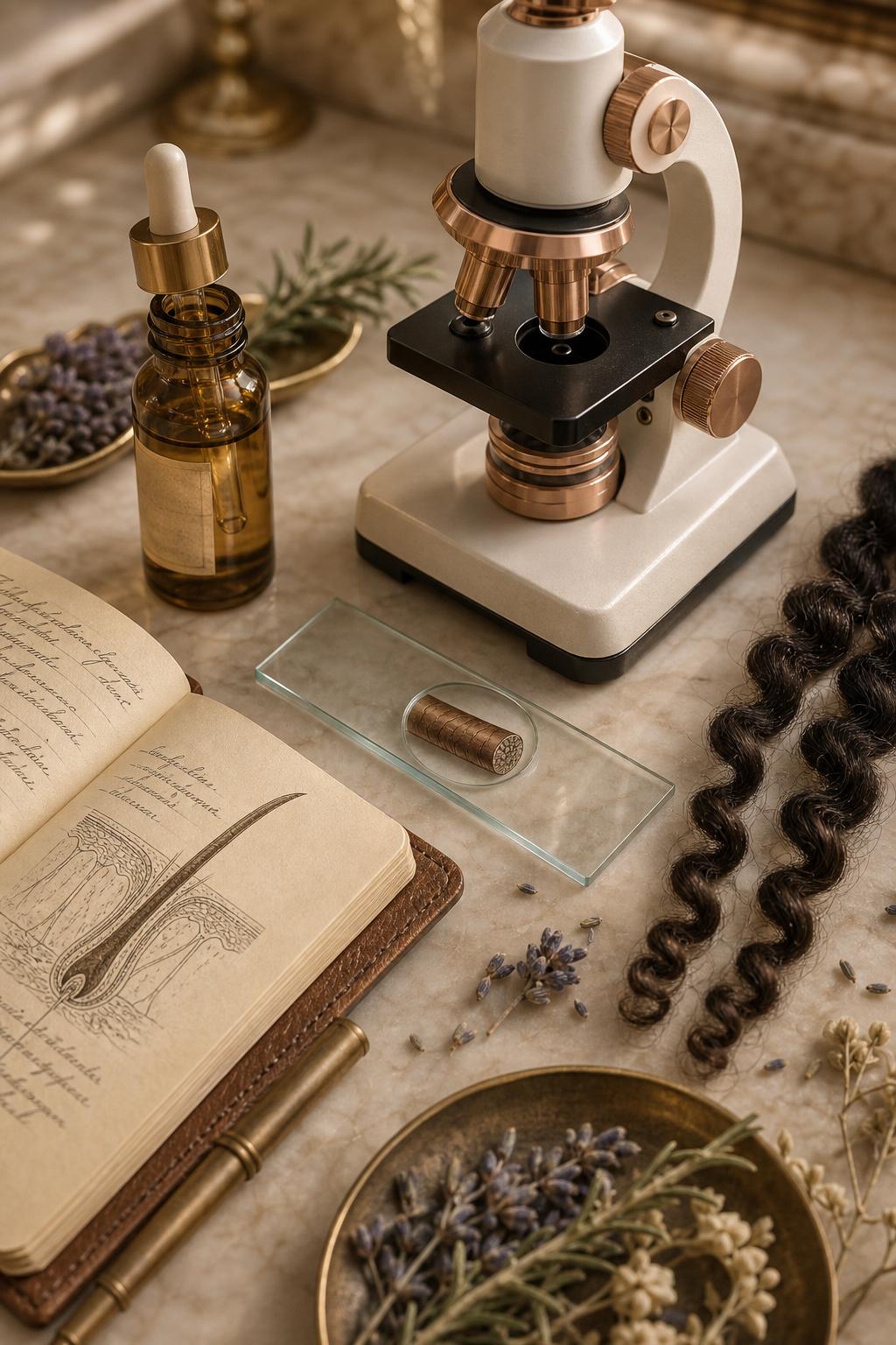 A trichology study still life — a rose-gold trichoscope, a glass slide with a magnified hair cross-section, an open notebook with a hand-drawn follicle diagram, an apothecary serum vial, dried botanicals and healthy coiled strands